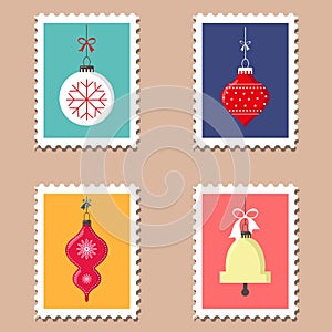 Colorful new year postage stamps for postcards, envelopes and letters. Set of Christmas stamps with Christmas toys.